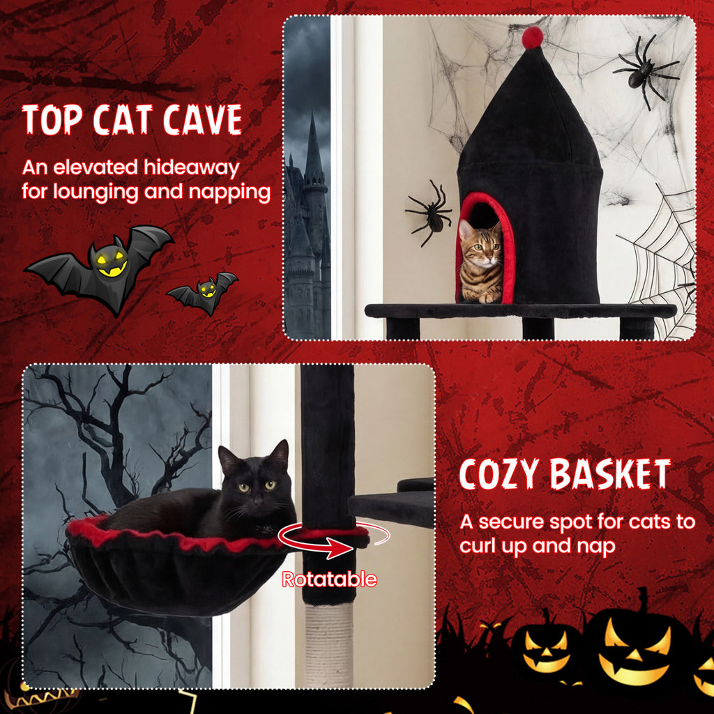 Black 63-Inch Gothic Cat Tree with Condo and Top Cave for Large Cats