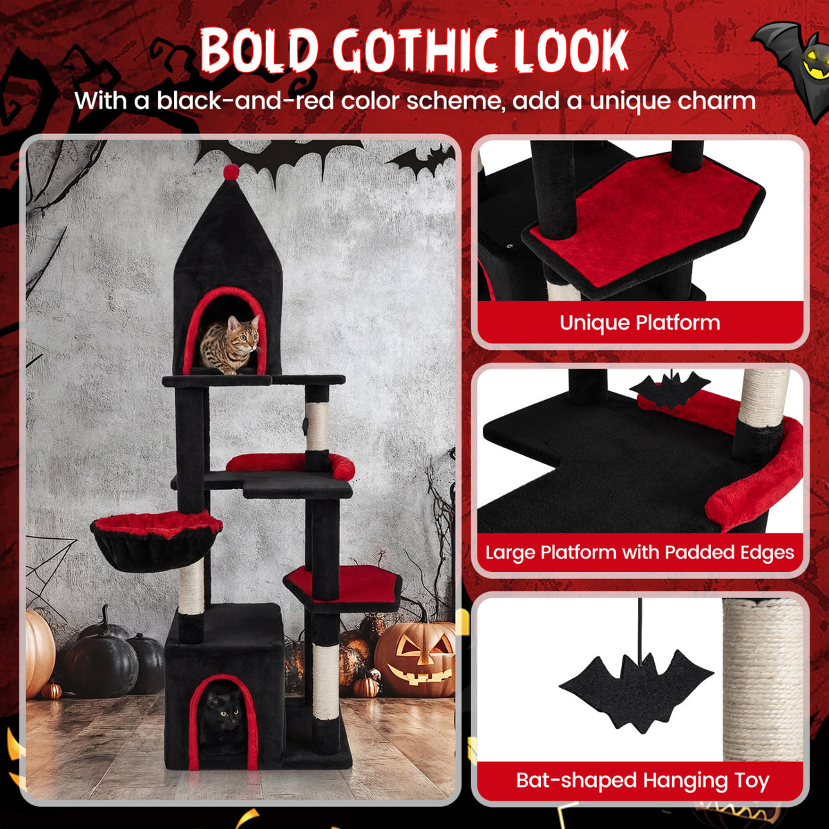 Black 63-Inch Gothic Cat Tree with Condo and Top Cave for Large Cats
