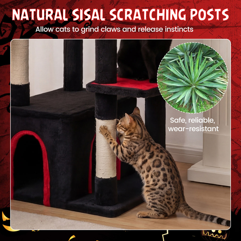 Black 63-Inch Gothic Cat Tree with Condo and Top Cave for Large Cats