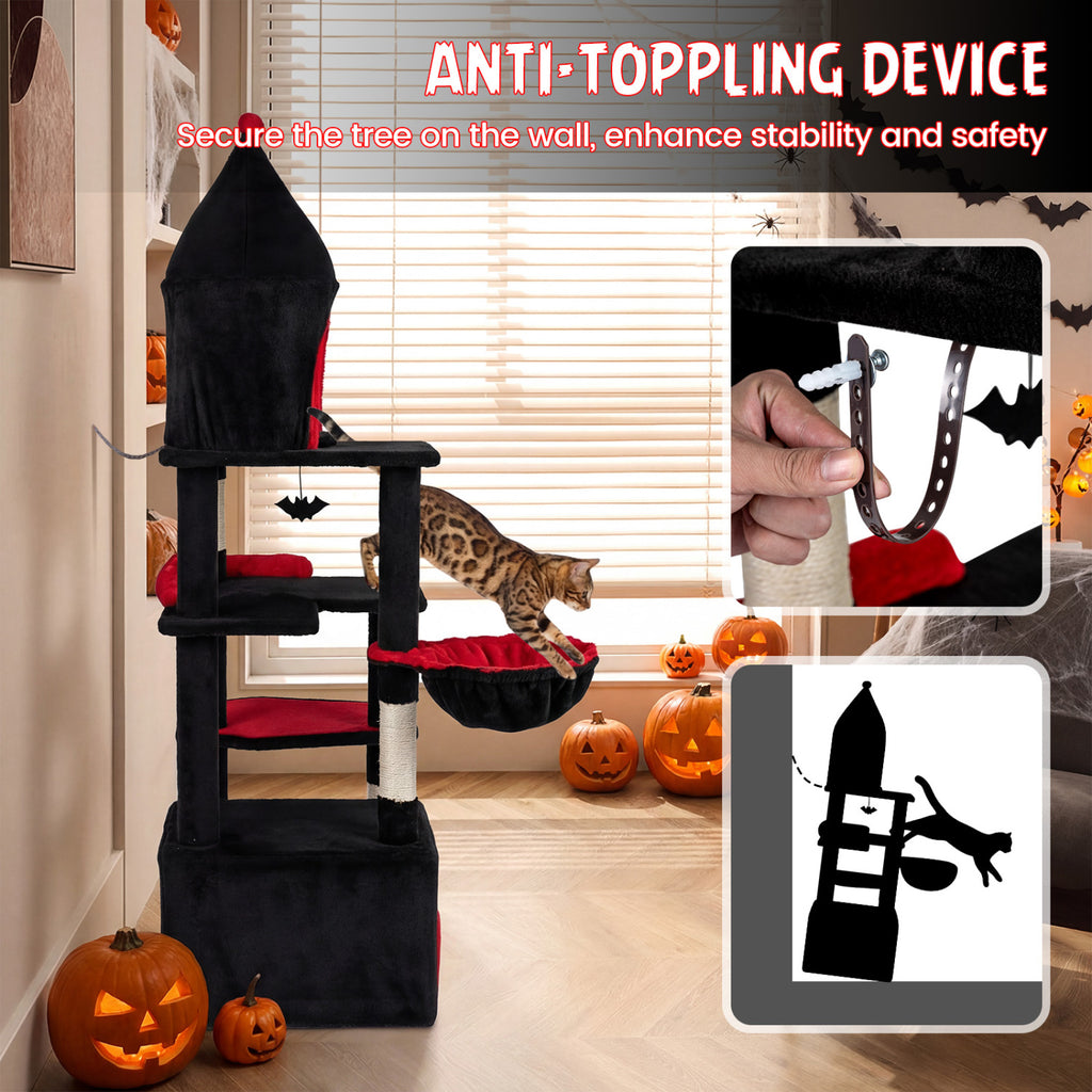 Black 63-Inch Gothic Cat Tree with Condo and Top Cave for Large Cats