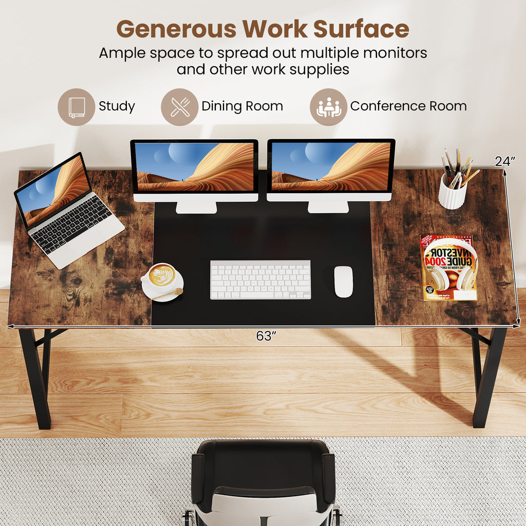 63 Inch Computer Desk with Steel Frame - Spacious Desk