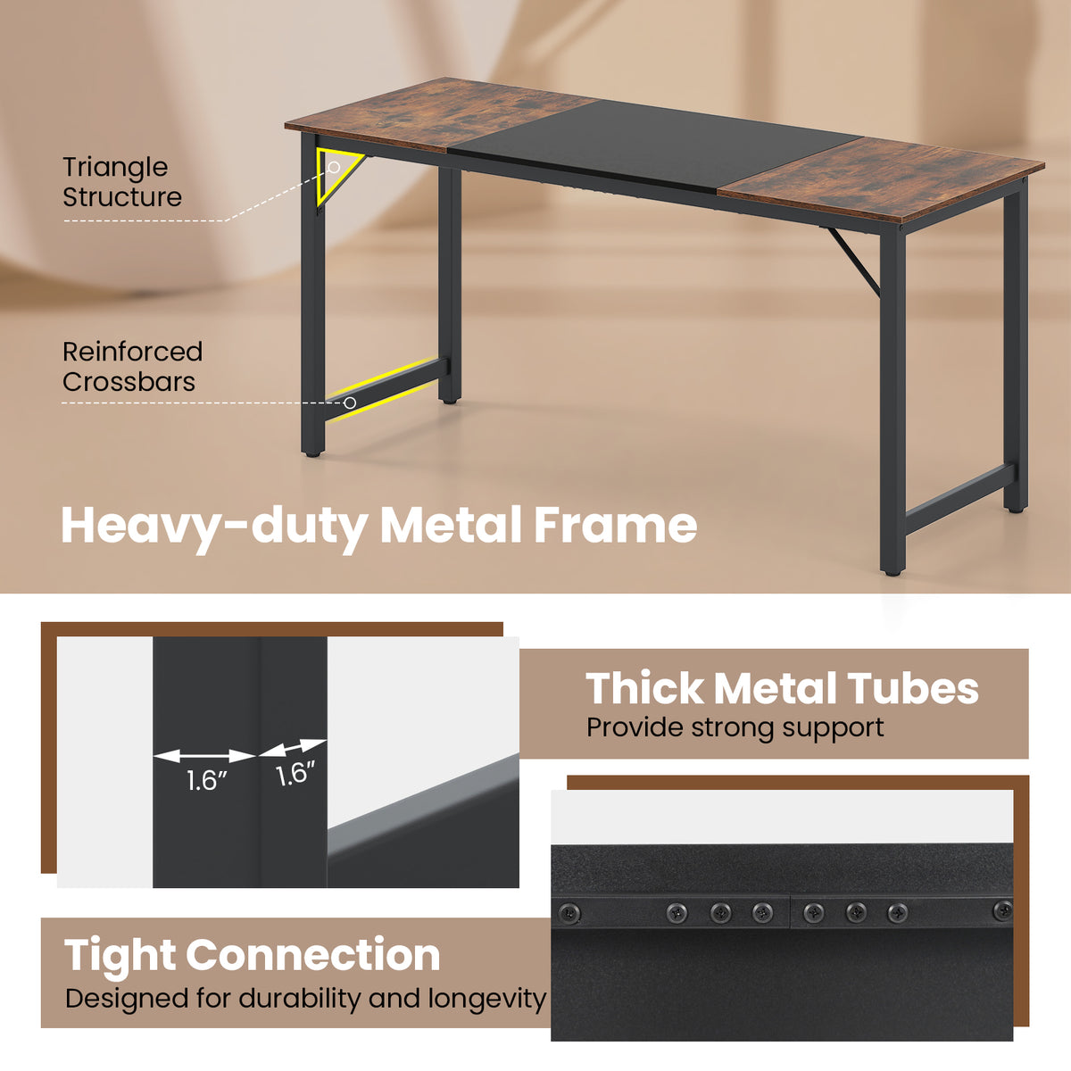 63 Inch Computer Desk with Steel Frame - Spacious Desk