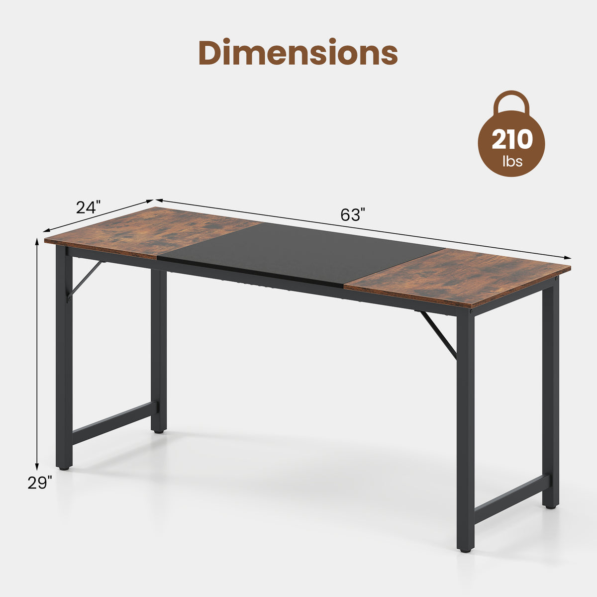 63 Inch Computer Desk with Steel Frame - Spacious Desk