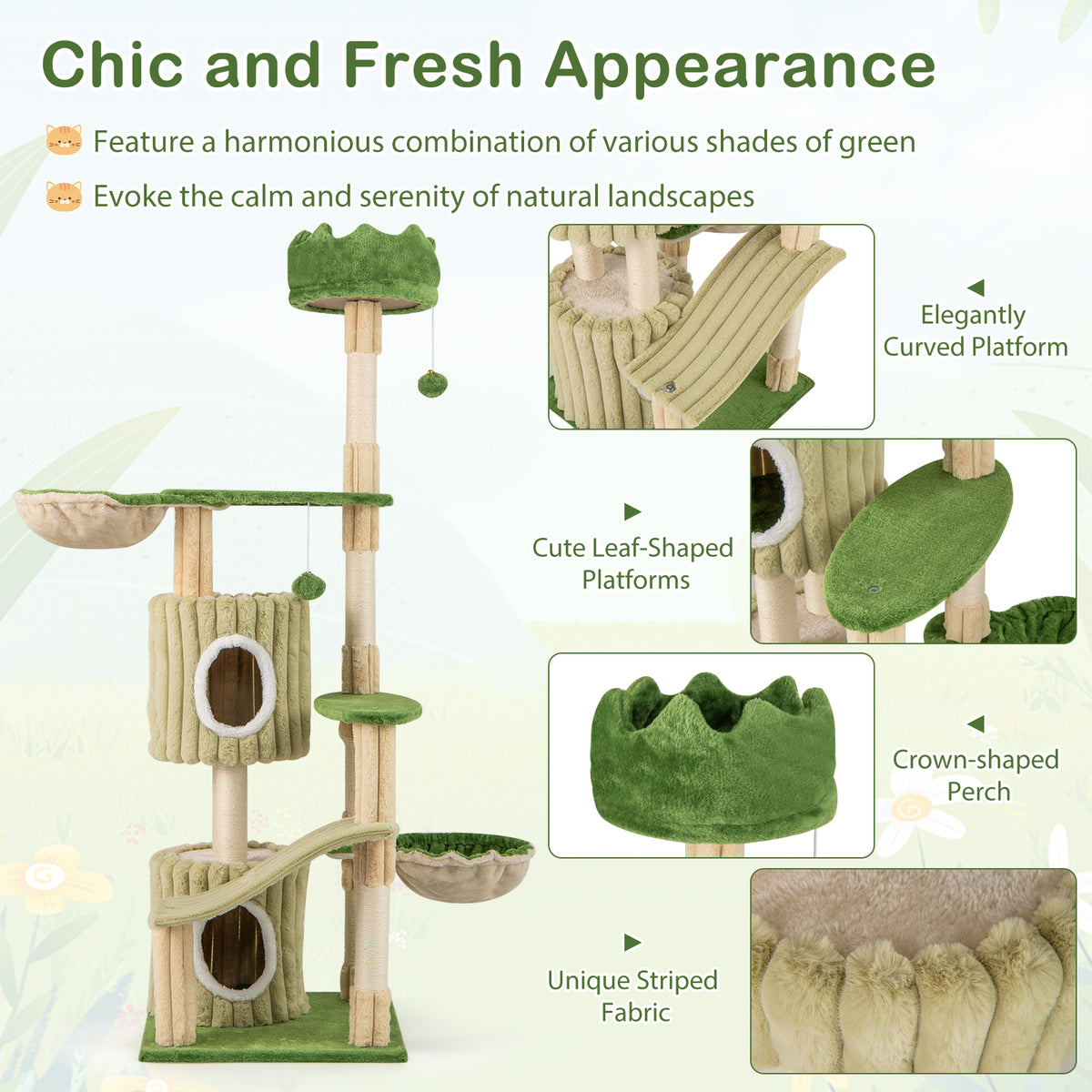 Green Multi-Level Cat Tree with 2 Condos & Perches - 63 Inch Kitten Tower