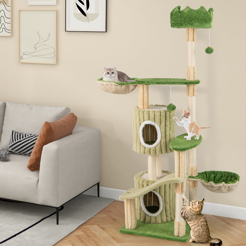 Green Multi-Level Cat Tree with 2 Condos & Perches - 63 Inch Kitten Tower