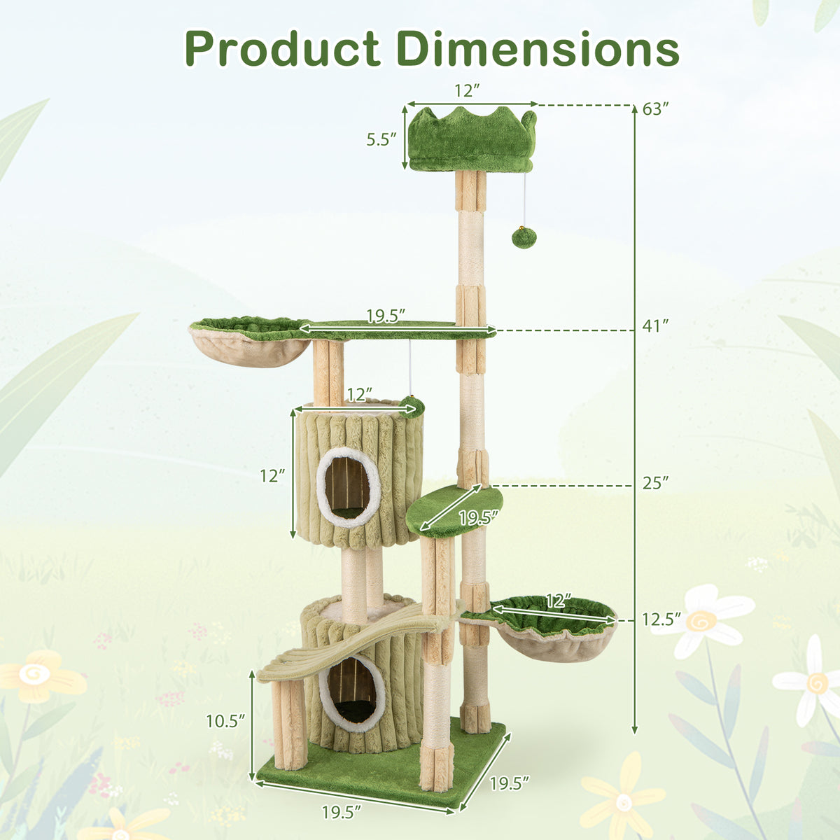 Green Multi-Level Cat Tree with 2 Condos & Perches - 63 Inch Kitten Tower