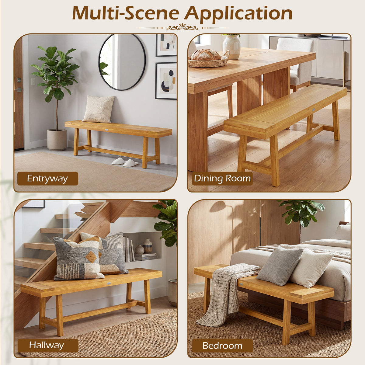 63 Inch Solid Wood Dining Bench - Seats 3