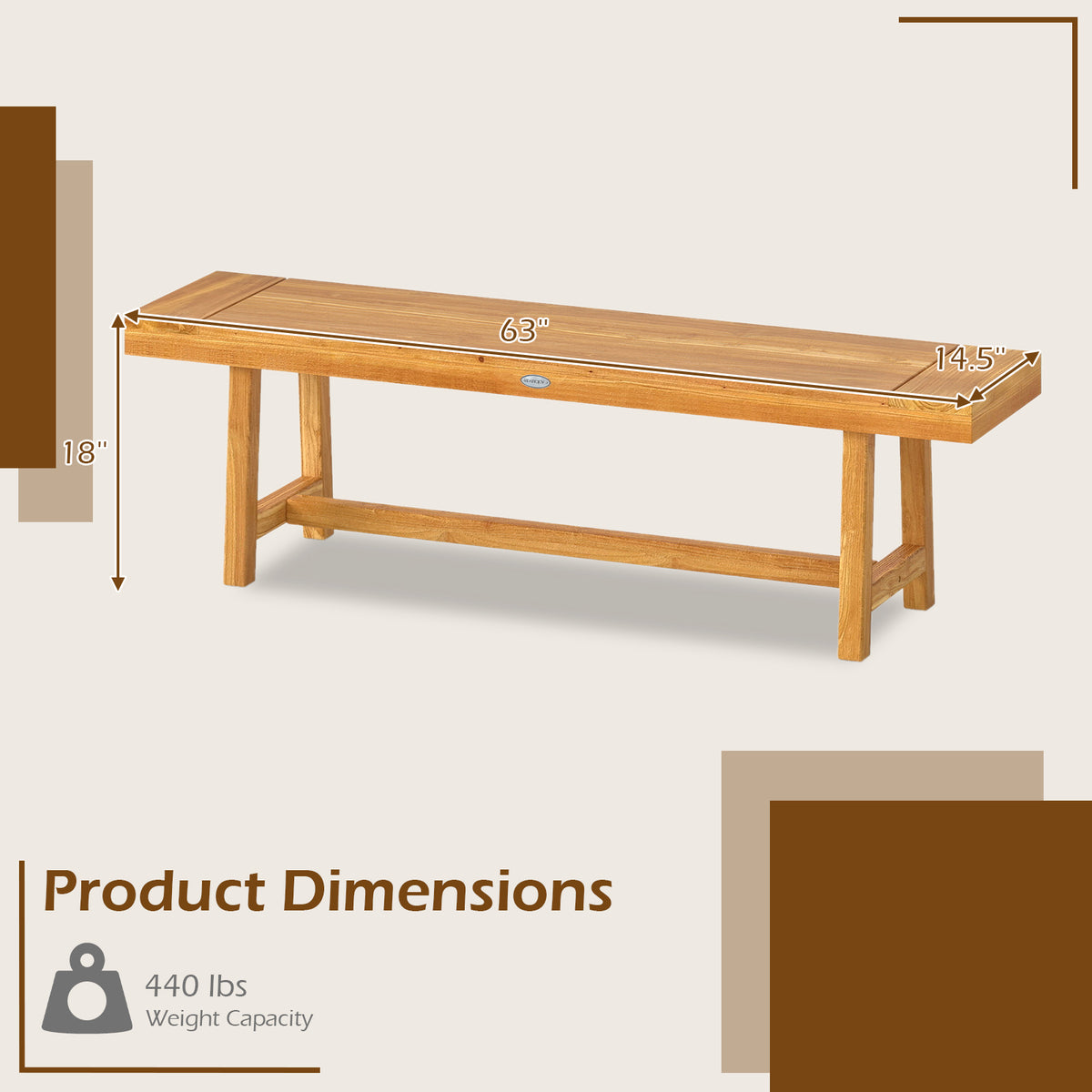 63 Inch Solid Wood Dining Bench - Seats 3