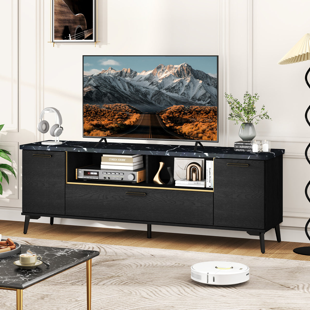 63" TV Stand with Flip Door Cabinet - Black