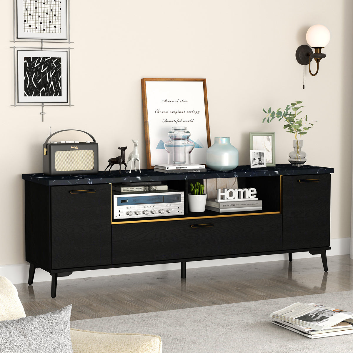 63" TV Stand with Flip Door Cabinet - Black