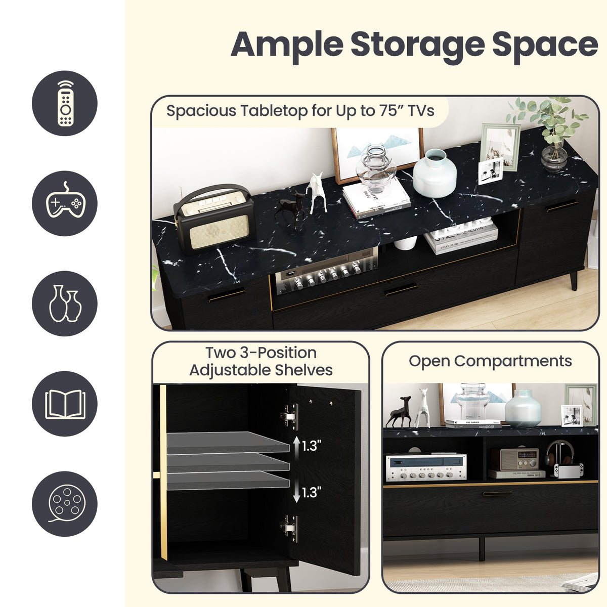 63" TV Stand with Flip Door Cabinet - Black
