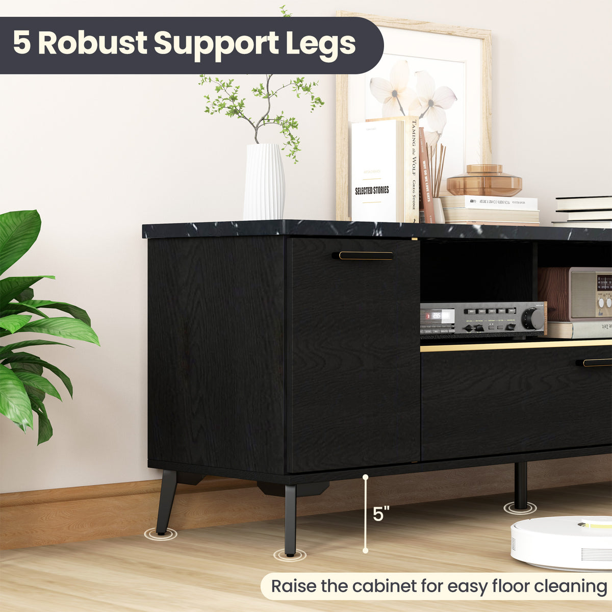 63" TV Stand with Flip Door Cabinet - Black
