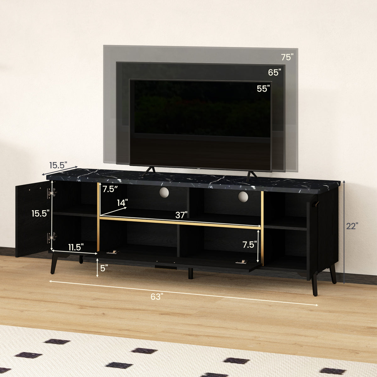 63" TV Stand with Flip Door Cabinet - Black