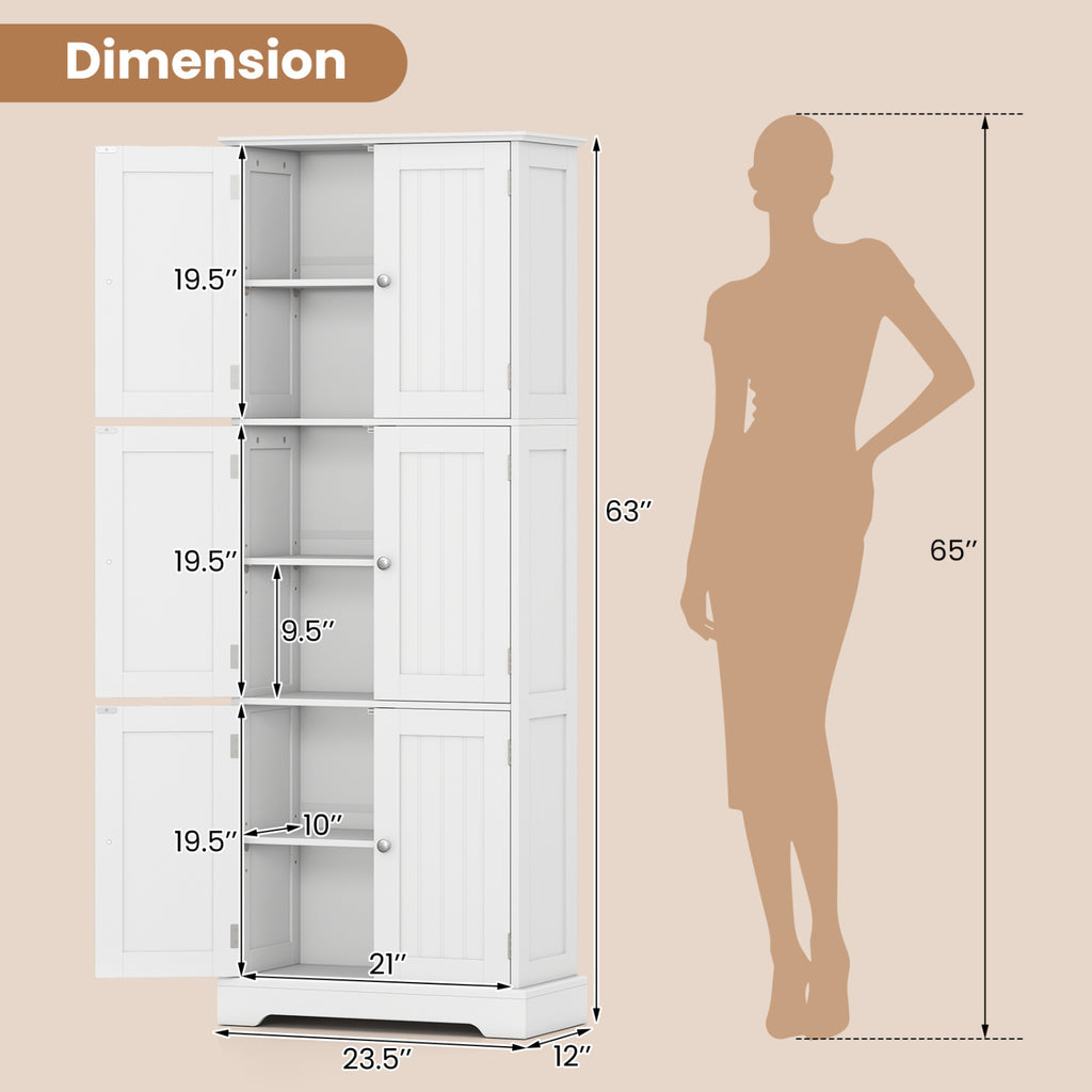 63 Inch Tall Bathroom Storage Cabinet with 6 Doors and Adjustable