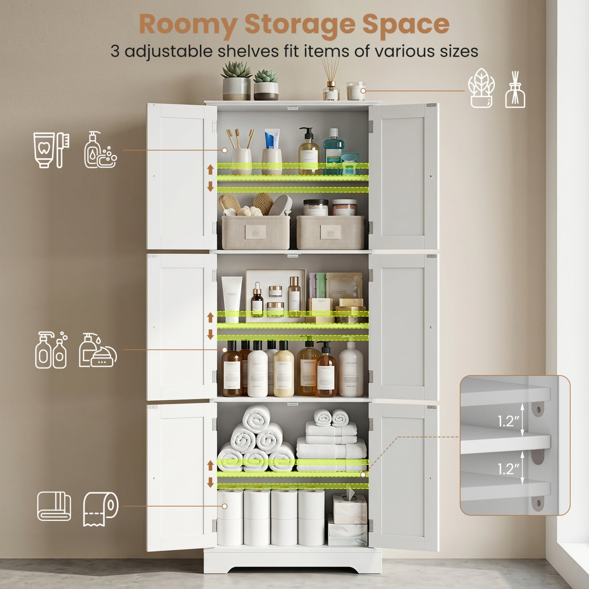 63 Inch Tall Bathroom Storage Cabinet with 6 Doors and Adjustable