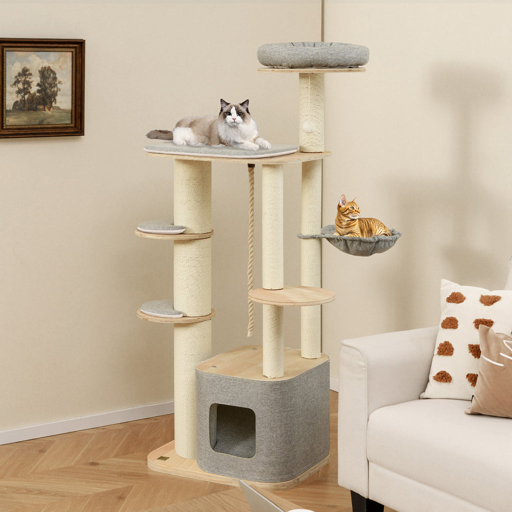 Gray 63-Inch Tall Wooden Cat Tree with Perch Condo Hammock & Scratching Posts - Costway