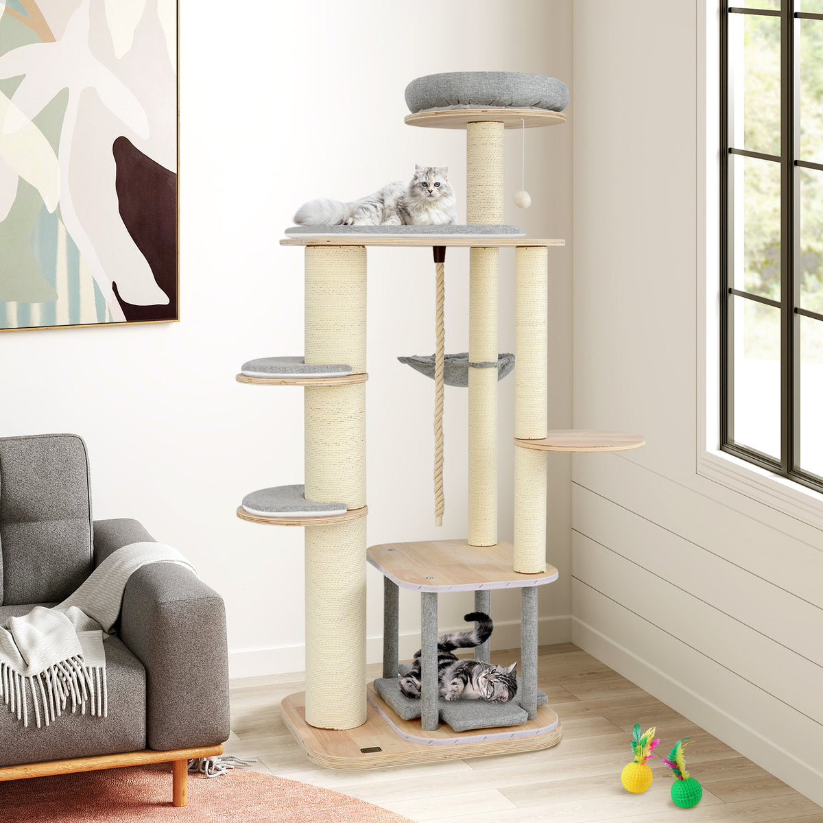 Gray 63-Inch Tall Wooden Cat Tree with Perch Condo Hammock & Scratching Posts - Costway