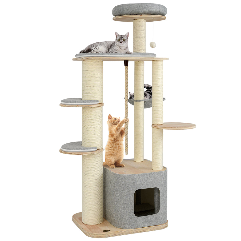 Gray 63-Inch Tall Wooden Cat Tree with Perch Condo Hammock & Scratching Posts - Costway