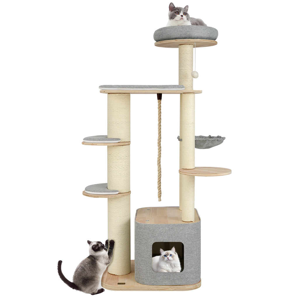 Gray 63-Inch Tall Wooden Cat Tree with Perch Condo Hammock & Scratching Posts - Costway