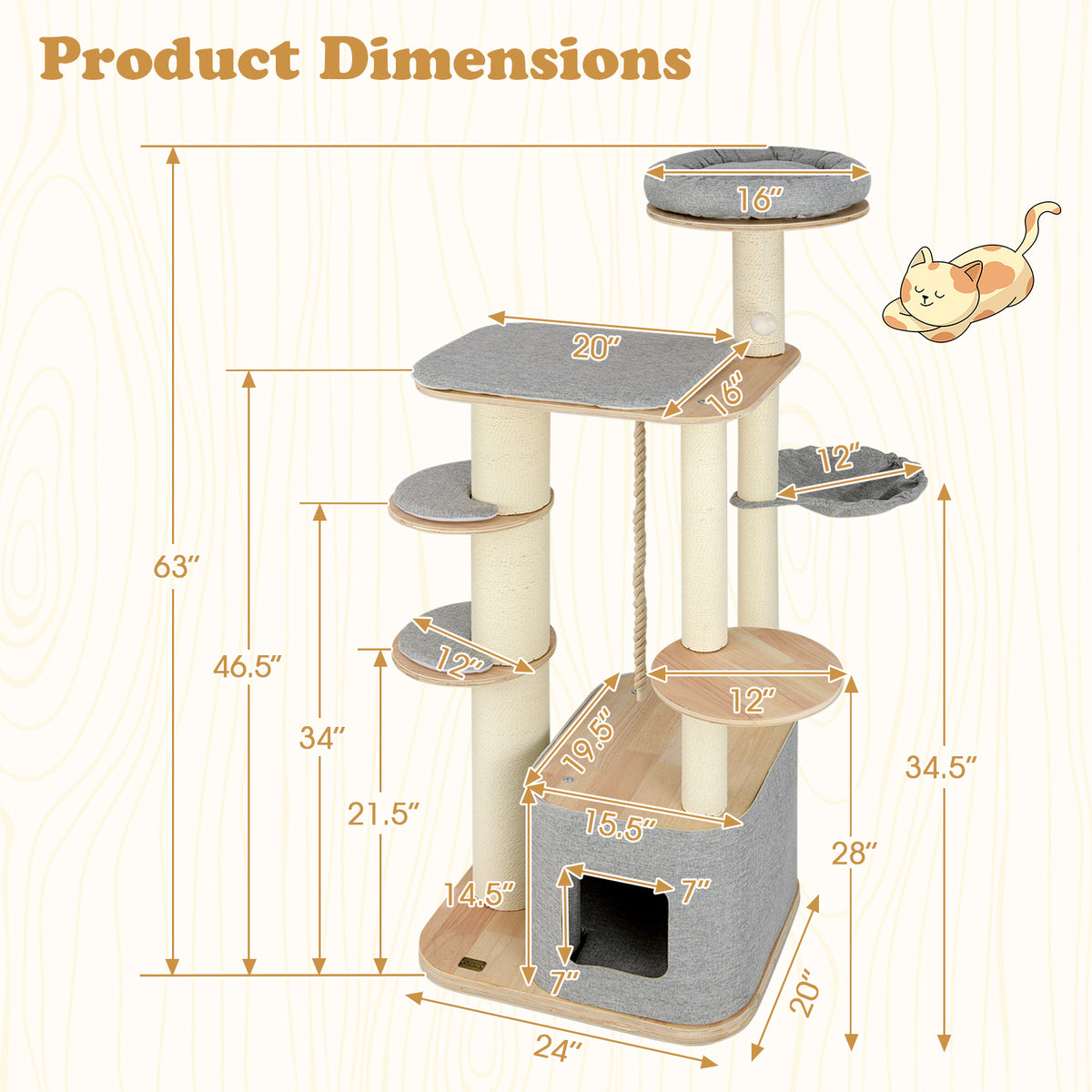 Gray 63-Inch Tall Wooden Cat Tree with Perch Condo Hammock & Scratching Posts - Costway