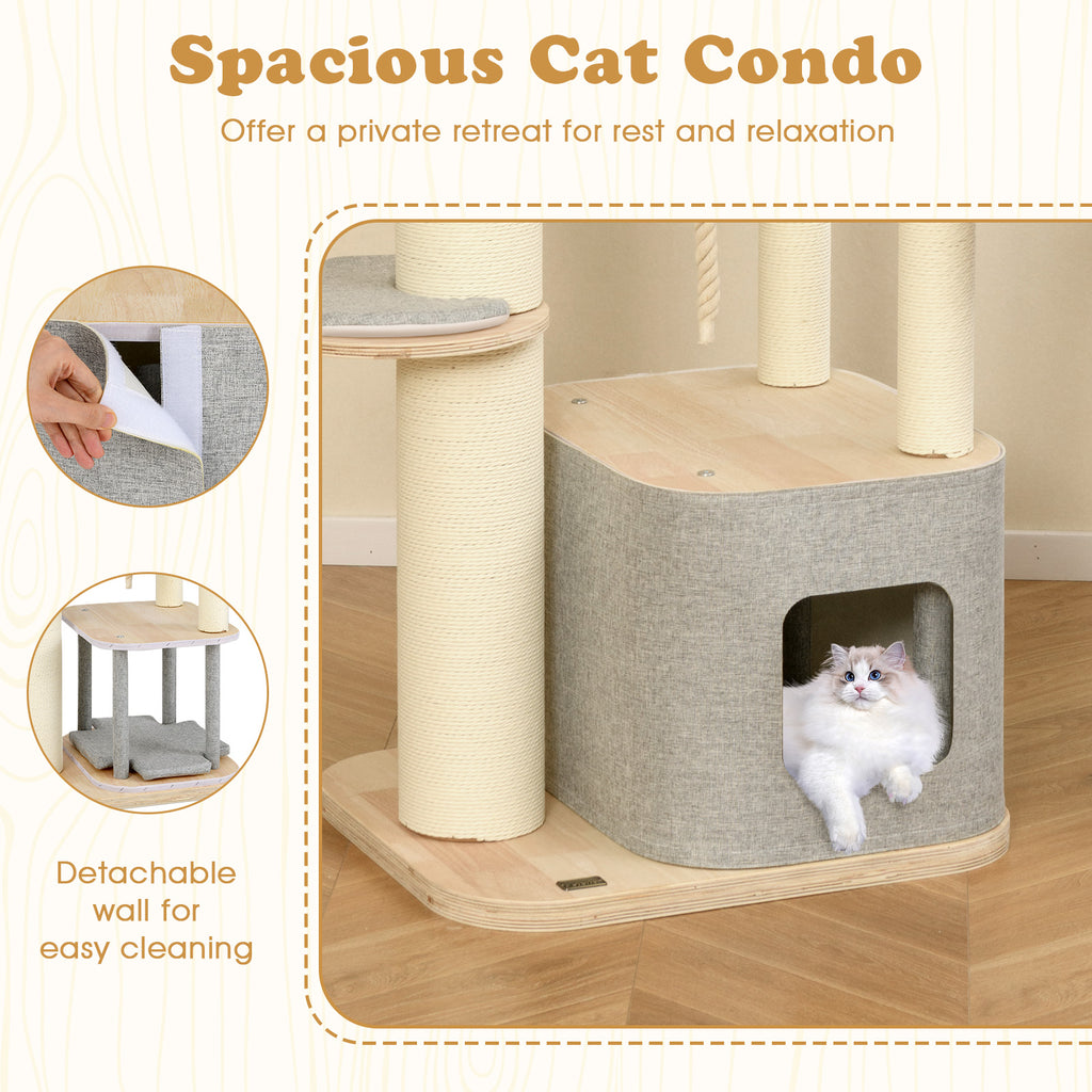 Gray 63-Inch Tall Wooden Cat Tree with Perch Condo Hammock & Scratching Posts - Costway