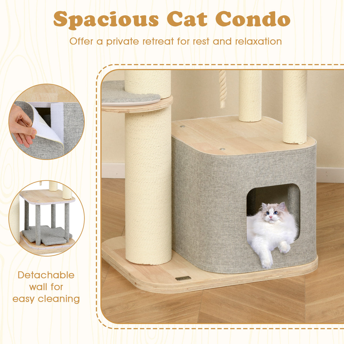 Gray 63-Inch Tall Wooden Cat Tree with Perch Condo Hammock & Scratching Posts - Costway