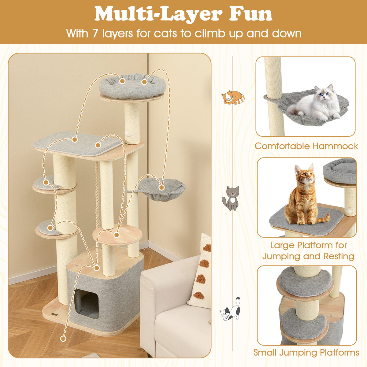 Gray 63-Inch Tall Wooden Cat Tree with Perch Condo Hammock & Scratching Posts - Costway