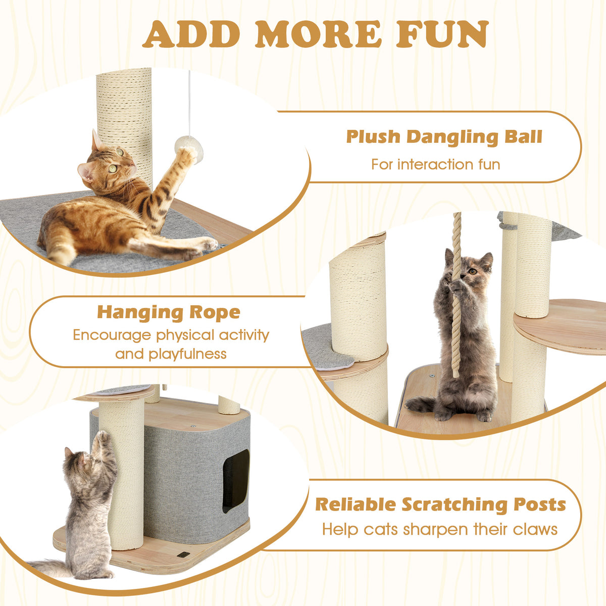Gray 63-Inch Tall Wooden Cat Tree with Perch Condo Hammock & Scratching Posts - Costway