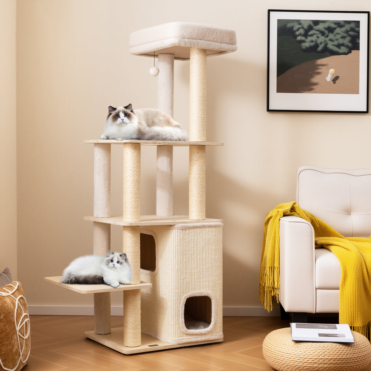 Natural Wooden Cat Tree with 2-Story Condo & Plush Perch - 63 Inch Tall - Variation of THIS listing