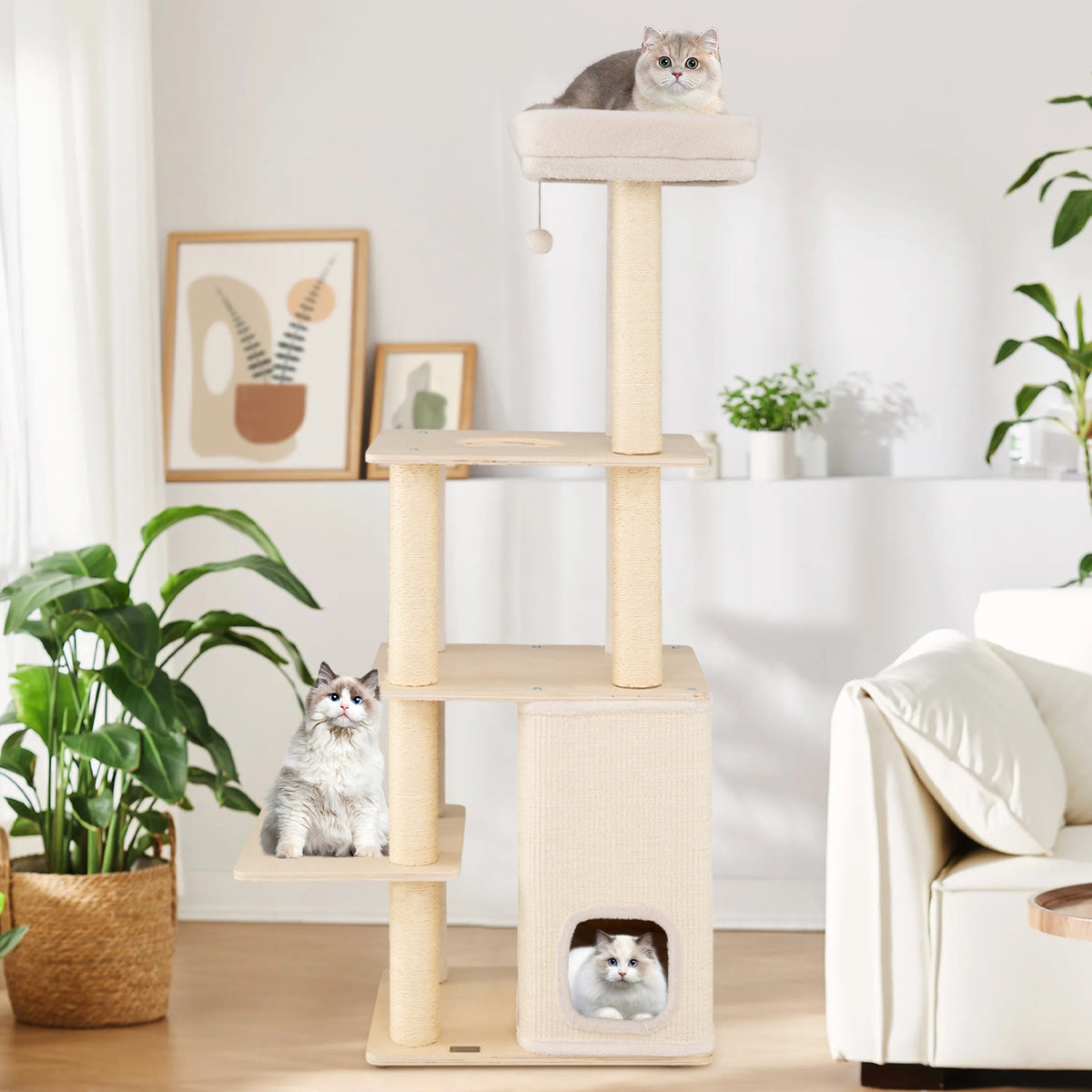 Natural Wooden Cat Tree with 2-Story Condo & Plush Perch - 63 Inch Tall - Variation of THIS listing
