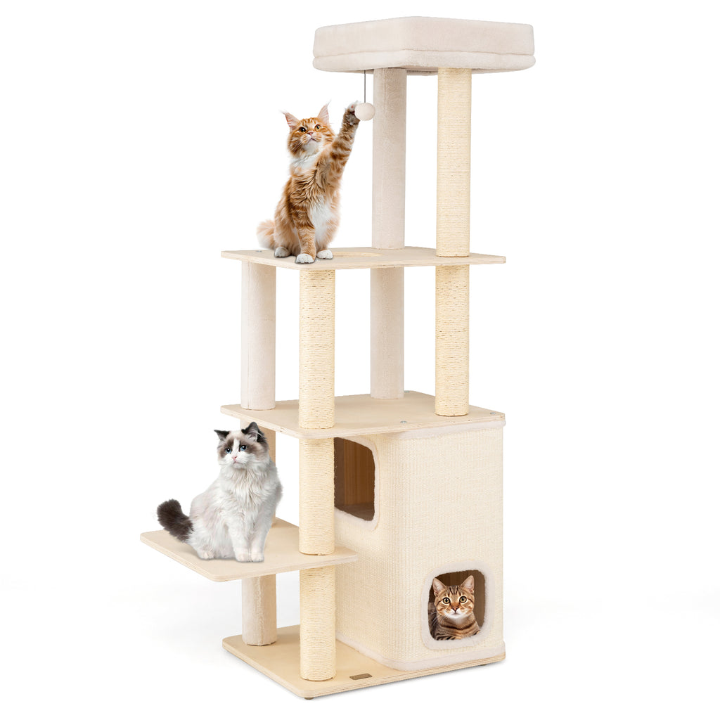 Natural Wooden Cat Tree with 2-Story Condo & Plush Perch - 63 Inch Tall - Variation of THIS listing