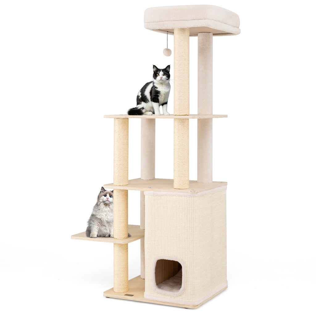 Natural Wooden Cat Tree with 2-Story Condo & Plush Perch - 63 Inch Tall - Variation of THIS listing