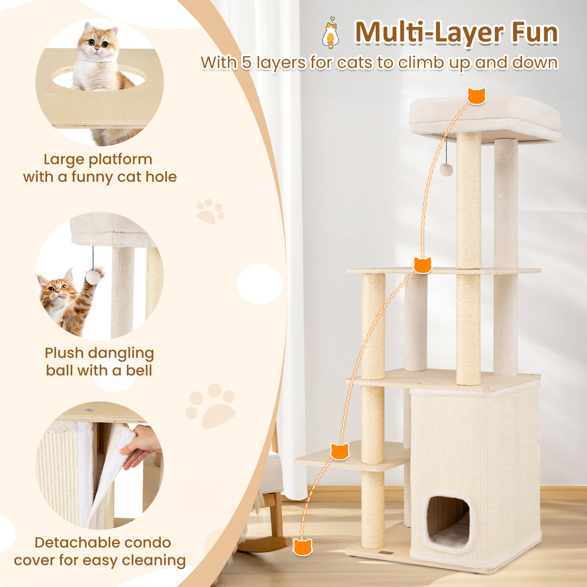 Natural Wooden Cat Tree with 2-Story Condo & Plush Perch - 63 Inch Tall - Variation of THIS listing