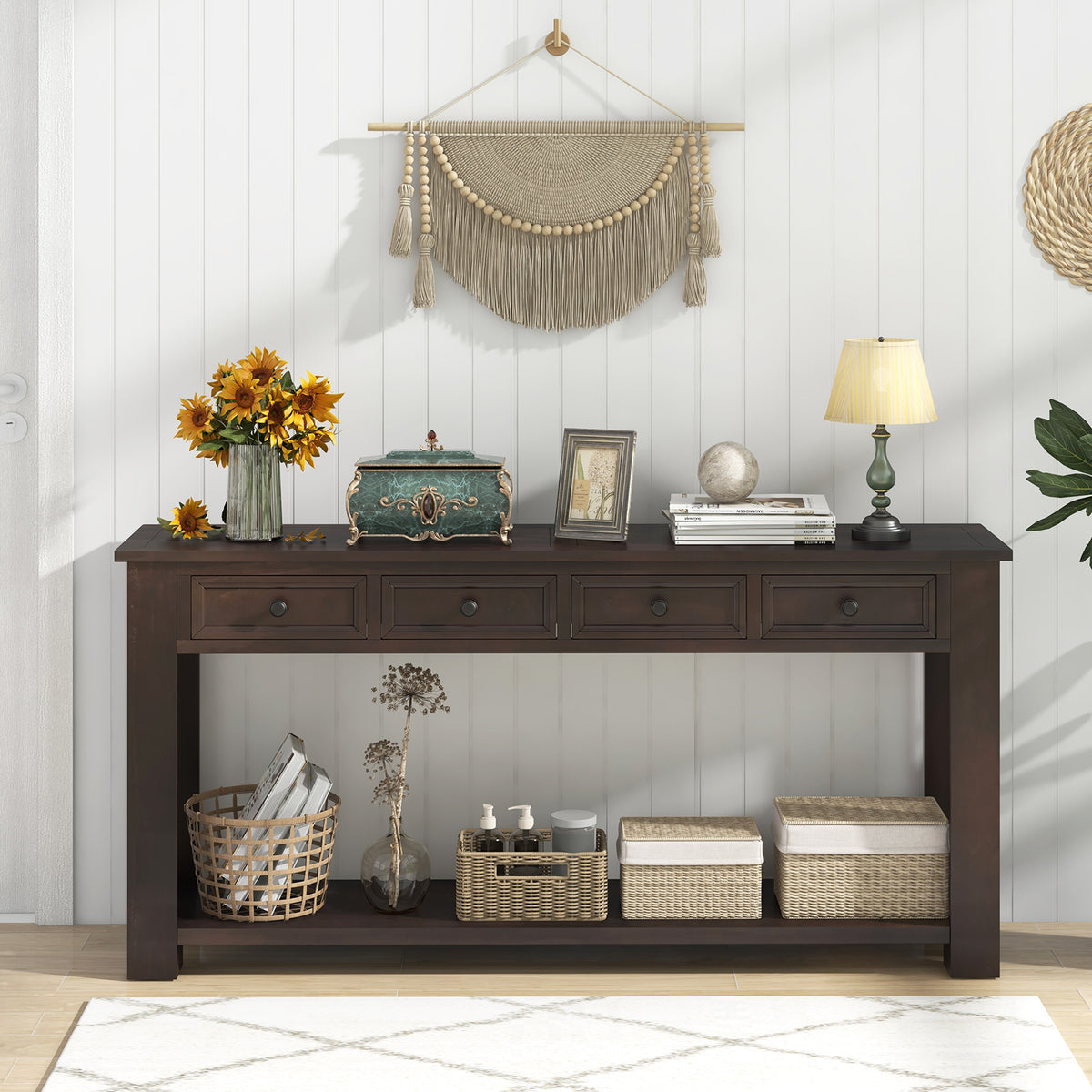 63 Inches Farmhouse Entryway Table with 4 Storage Drawers and Open