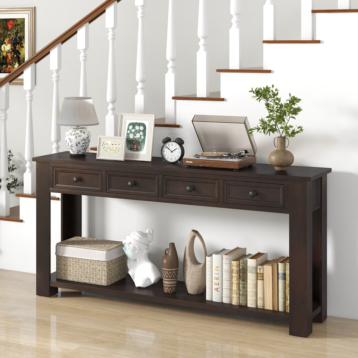 63 Inches Farmhouse Entryway Table with 4 Storage Drawers and Open
