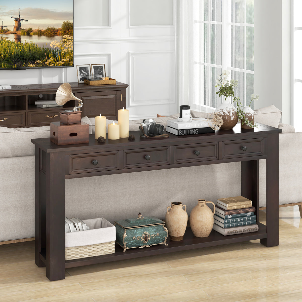 63 Inches Farmhouse Entryway Table with 4 Storage Drawers and Open
