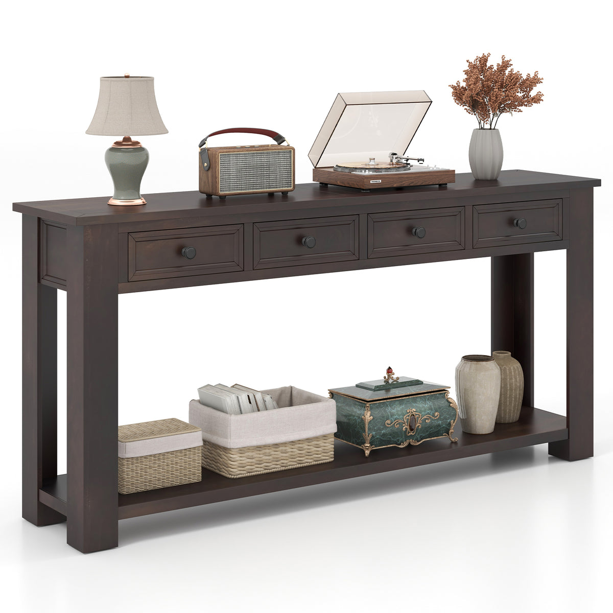 63 Inches Farmhouse Entryway Table with 4 Storage Drawers and Open