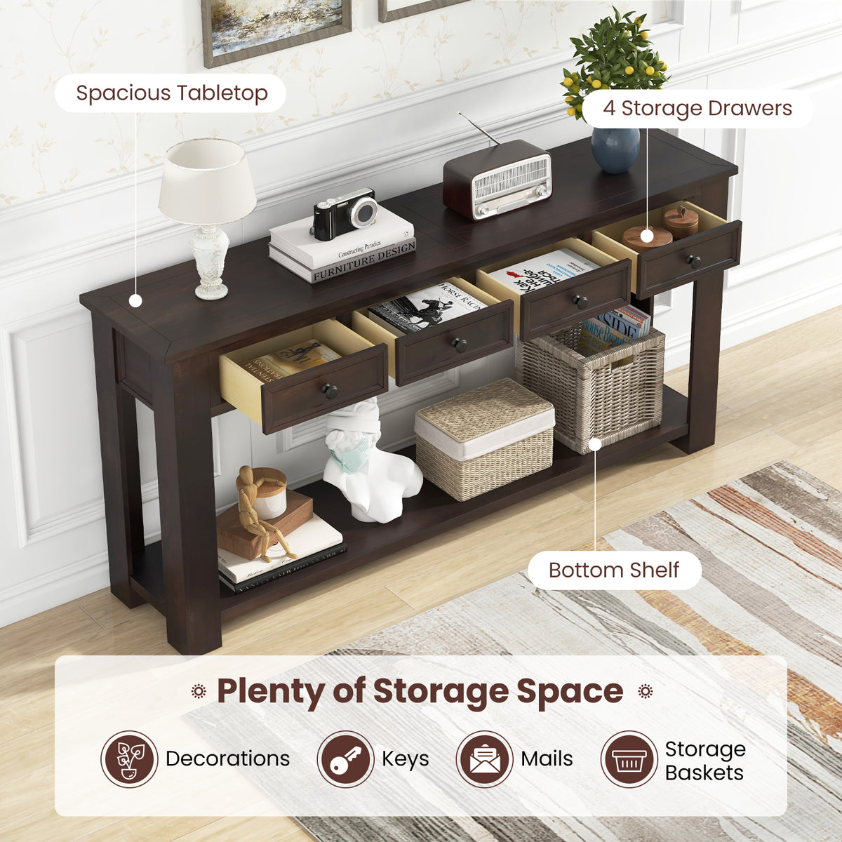 63 Inches Farmhouse Entryway Table with 4 Storage Drawers and Open