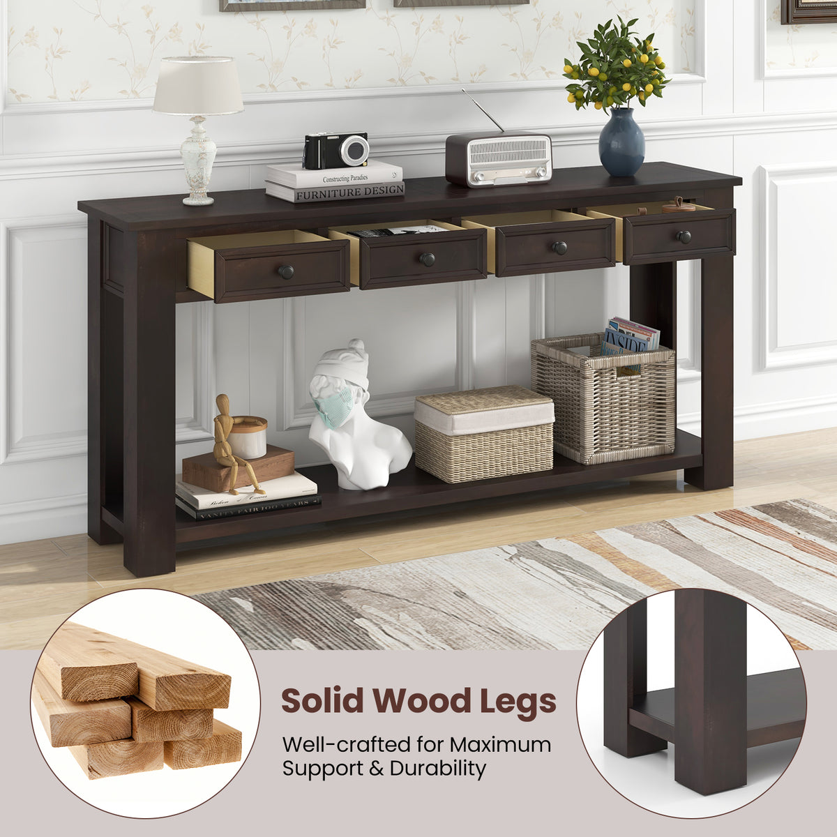 63 Inches Farmhouse Entryway Table with 4 Storage Drawers and Open