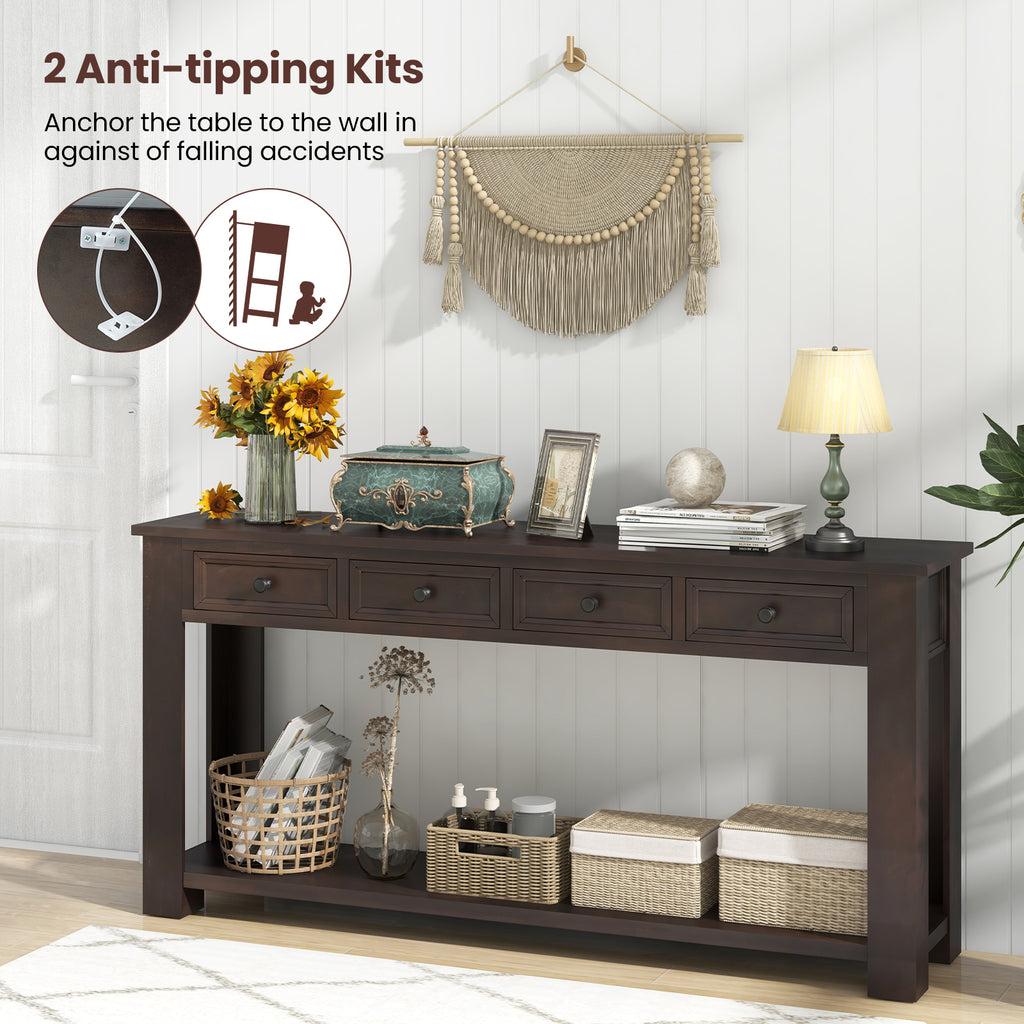 63 Inches Farmhouse Entryway Table with 4 Storage Drawers and Open
