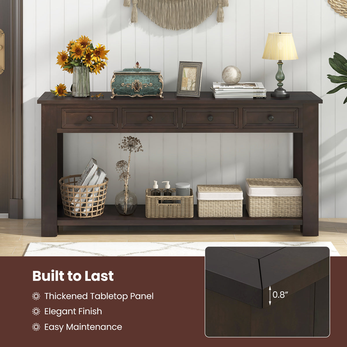 63 Inches Farmhouse Entryway Table with 4 Storage Drawers and Open