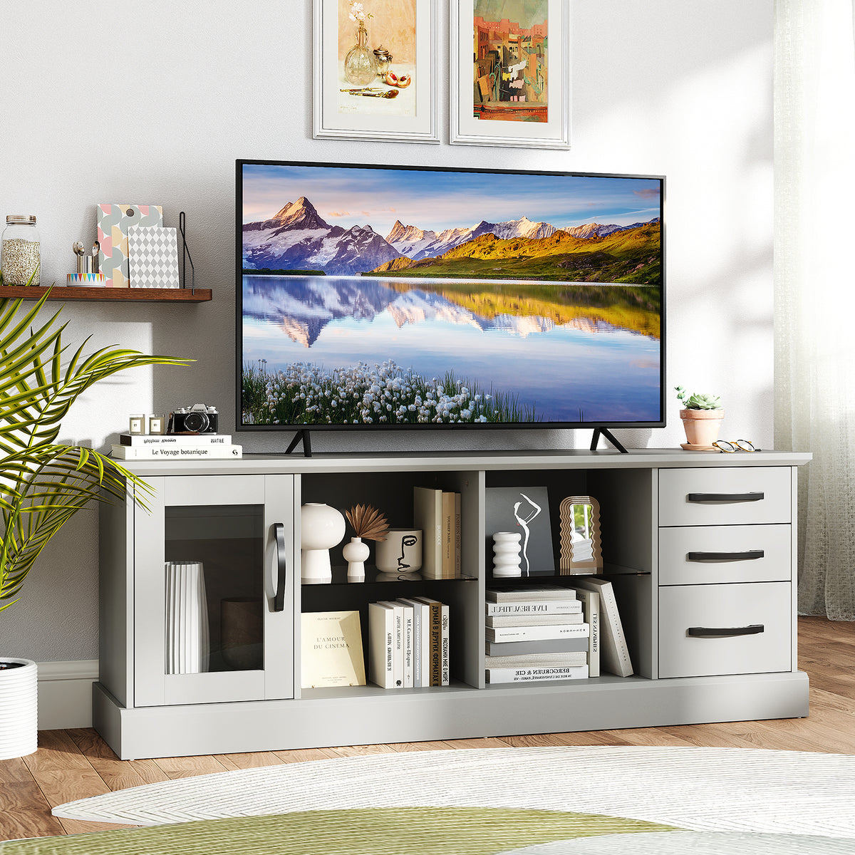 63" Media Console Table with 3 Drawers & Glass Shelves - Gray