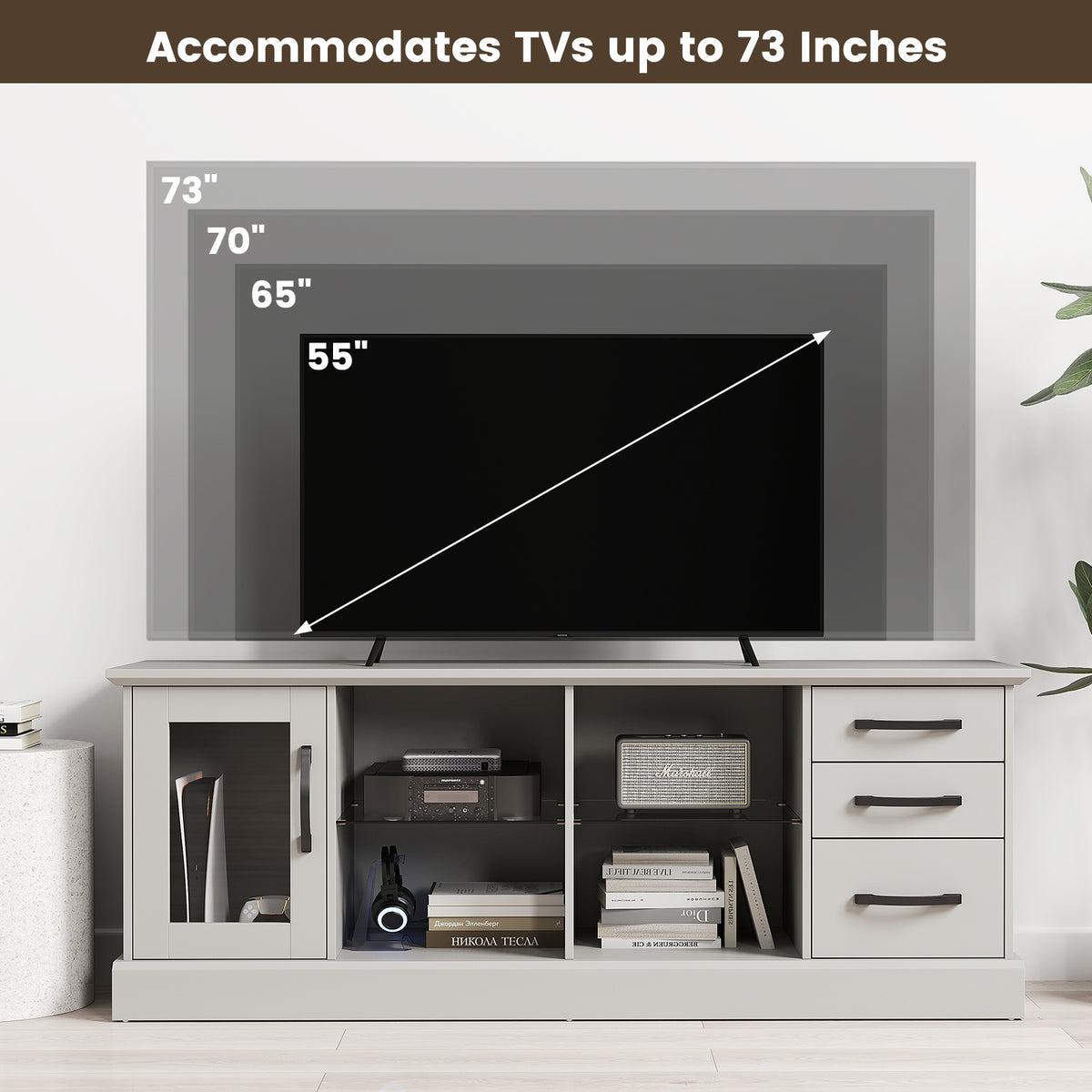 63" Media Console Table with 3 Drawers & Glass Shelves - Gray