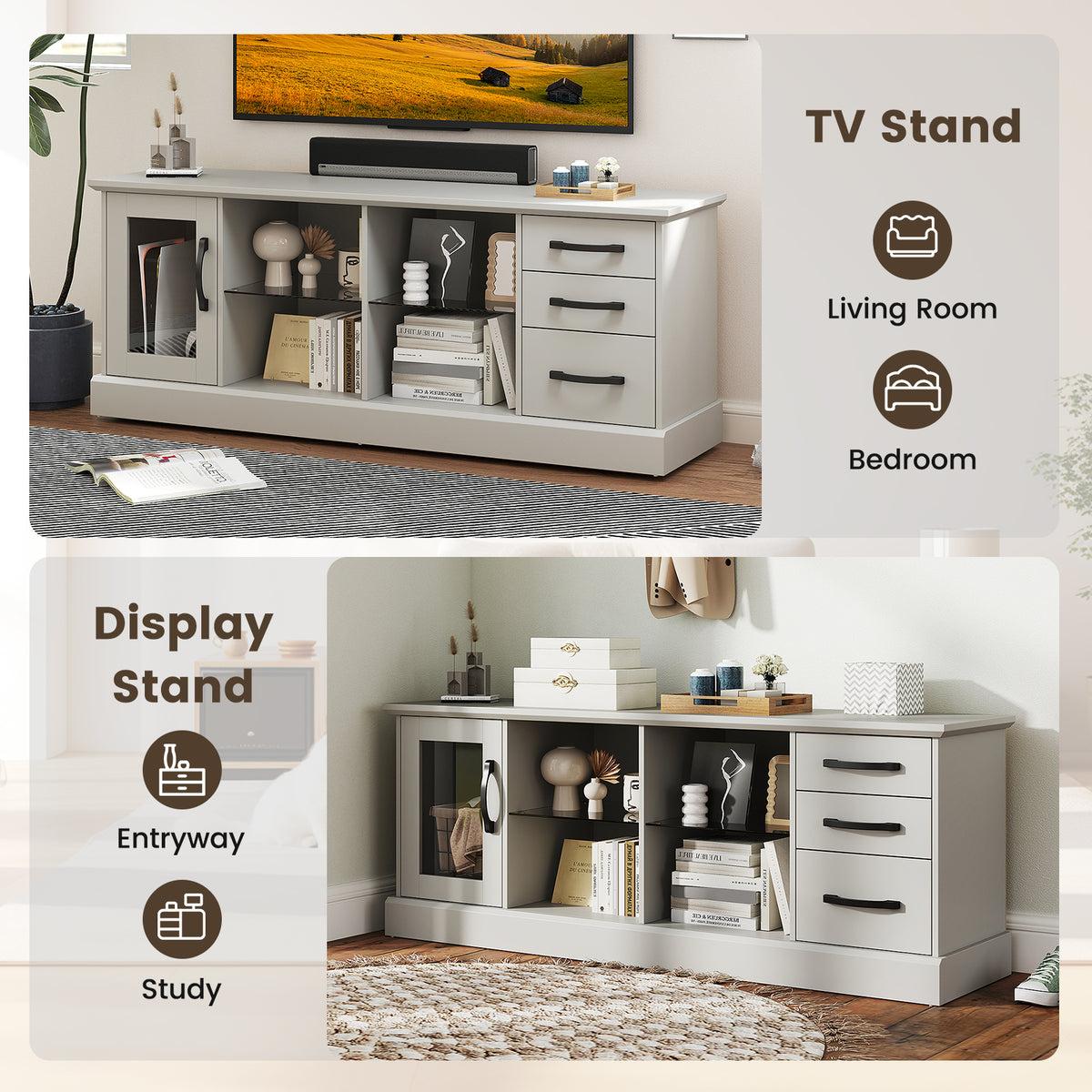 63" Media Console Table with 3 Drawers & Glass Shelves - Gray