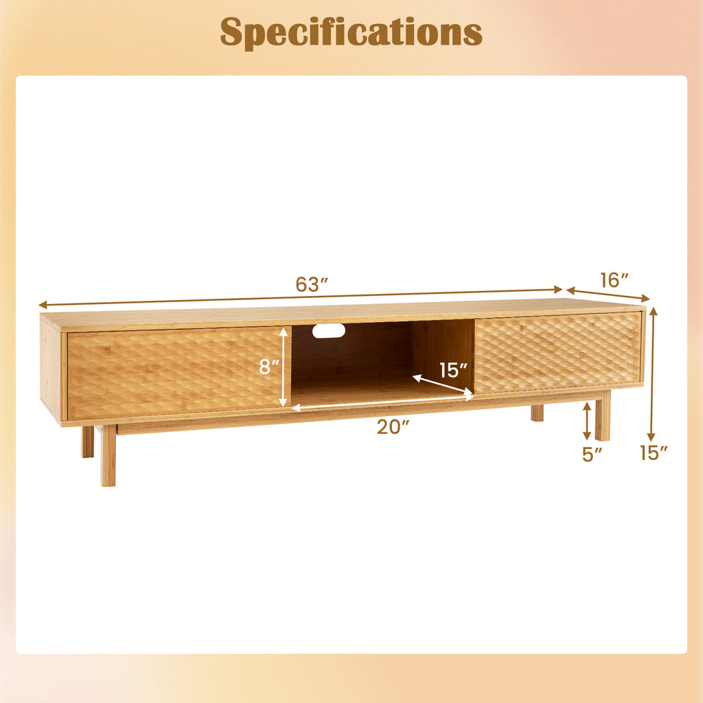 63-Inch Mid Century Modern TV Stand with Sliding Doors – Natural