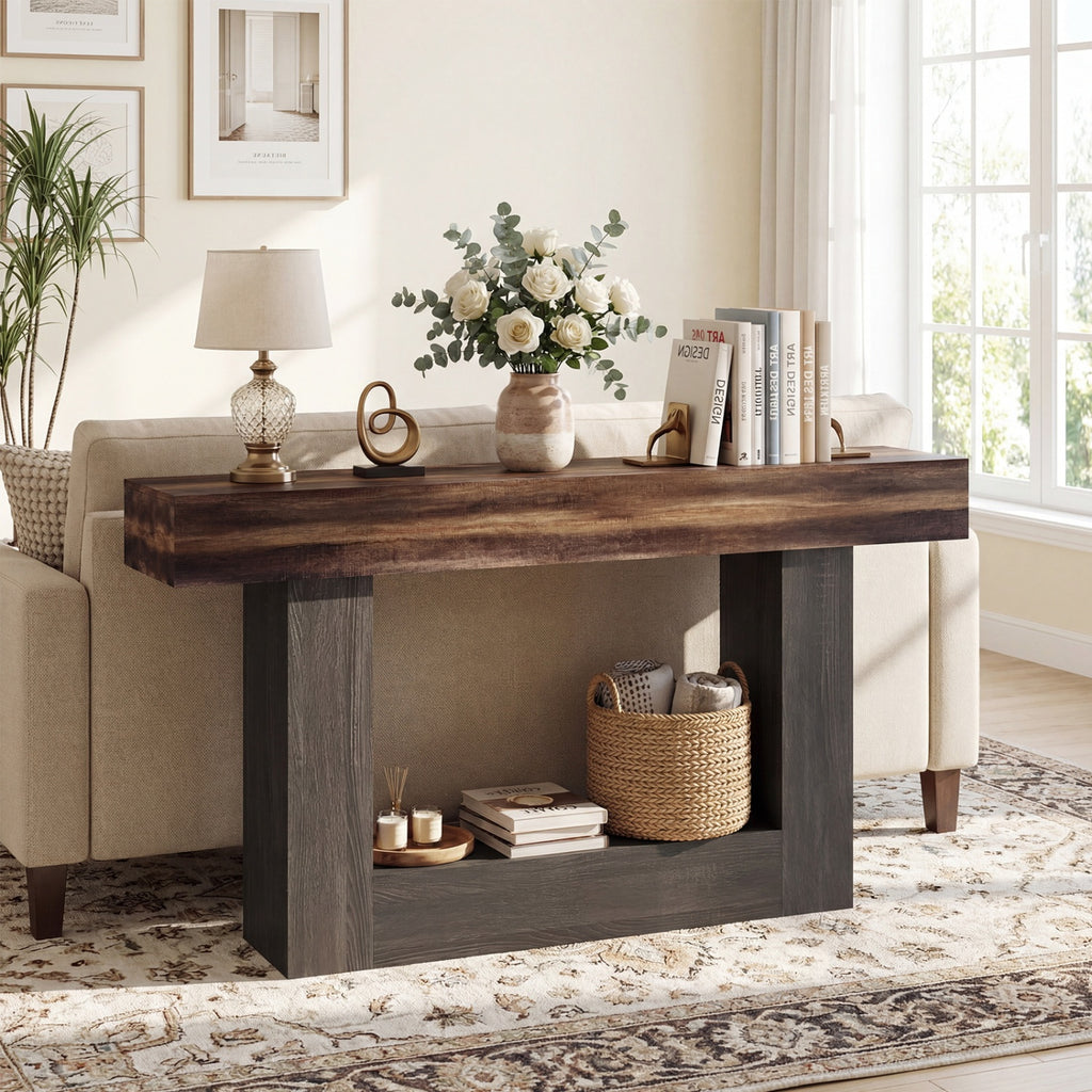 2-Tier Farmhouse Console Table 63" Long, Rustic Brown