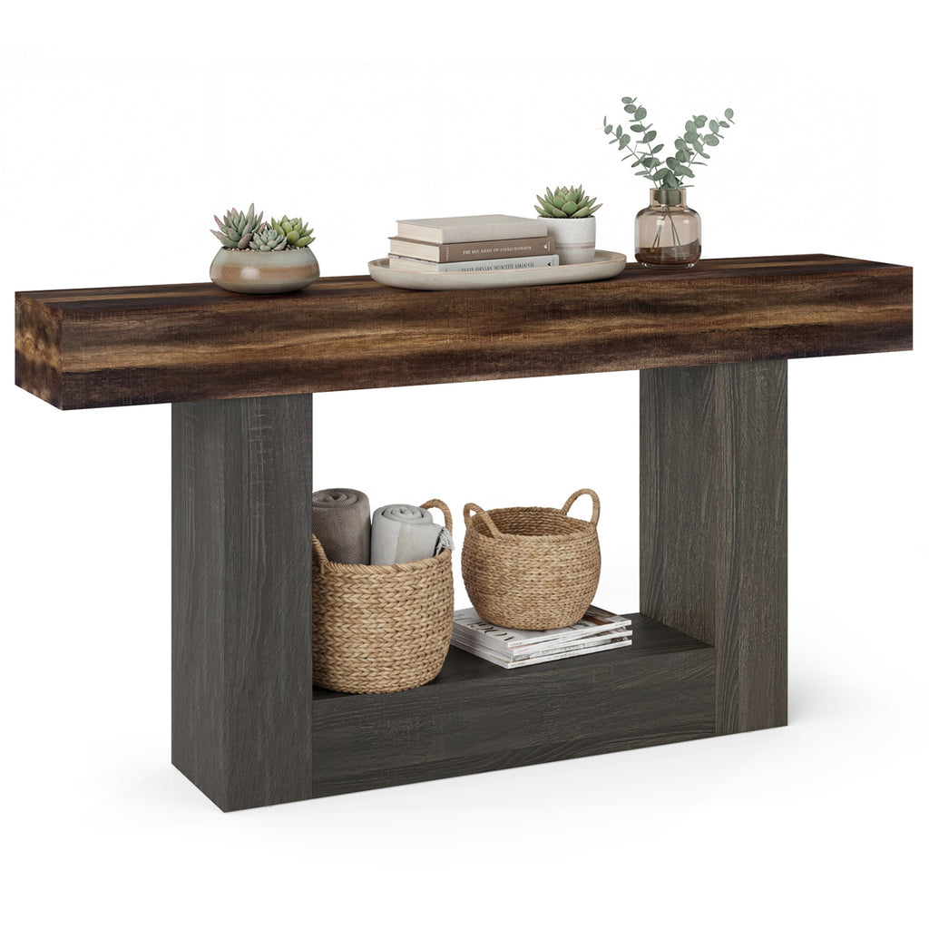 2-Tier Farmhouse Console Table 63" Long, Rustic Brown