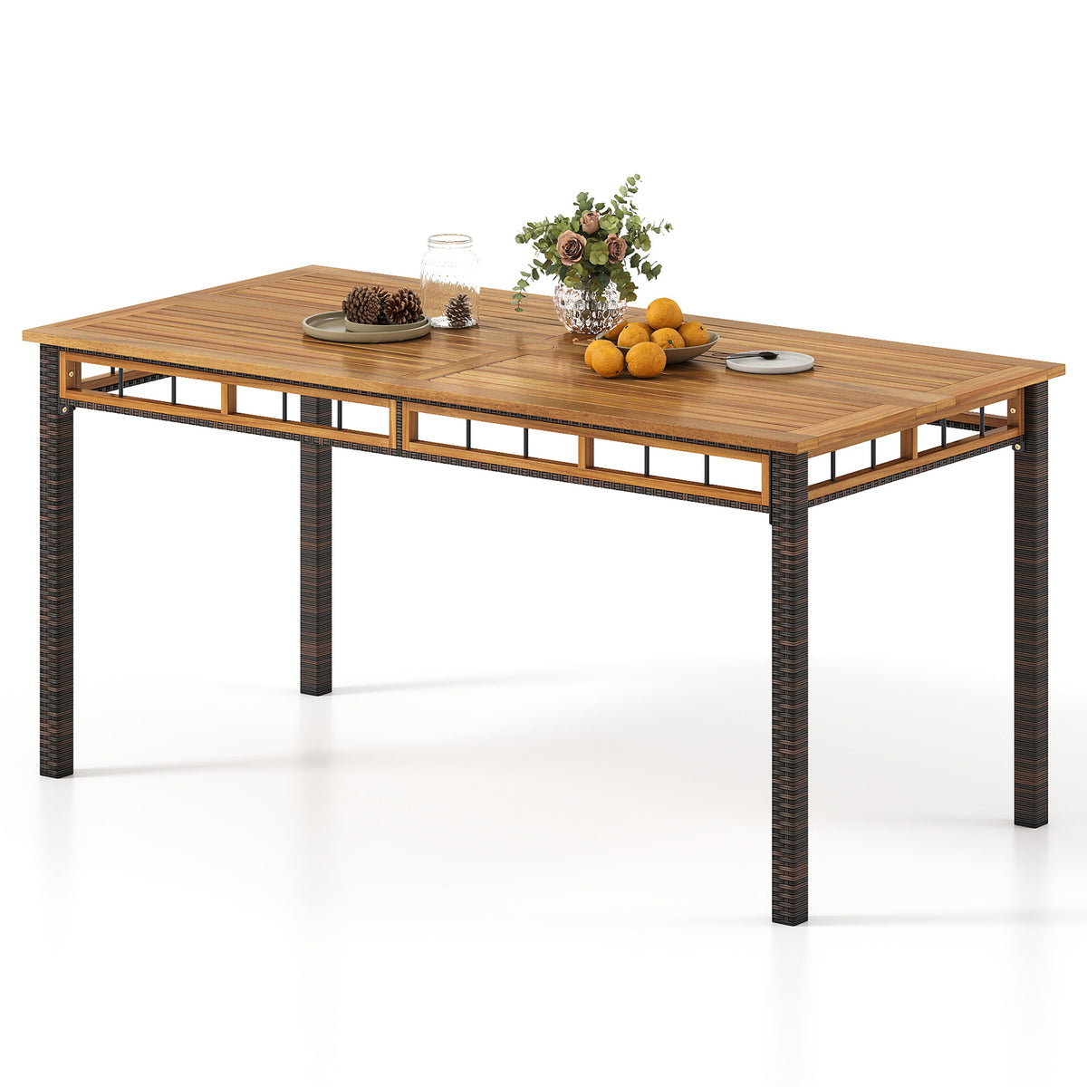 63" x 32" Outdoor Dining Table - Acacia Wood, PE Rattan