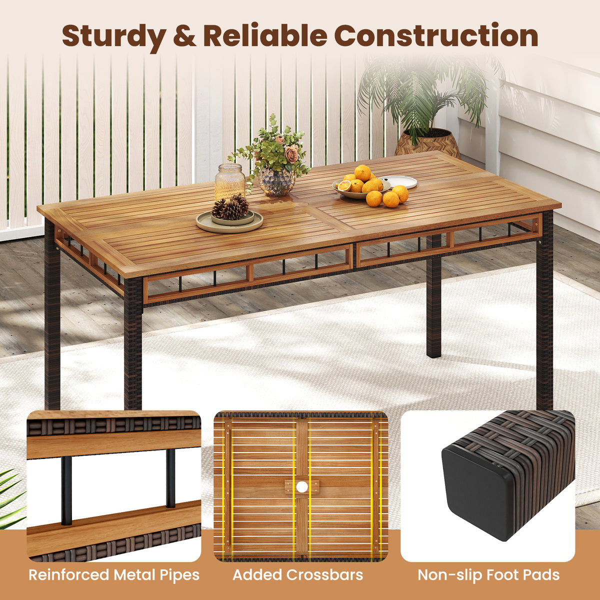 63" x 32" Outdoor Dining Table - Acacia Wood, PE Rattan