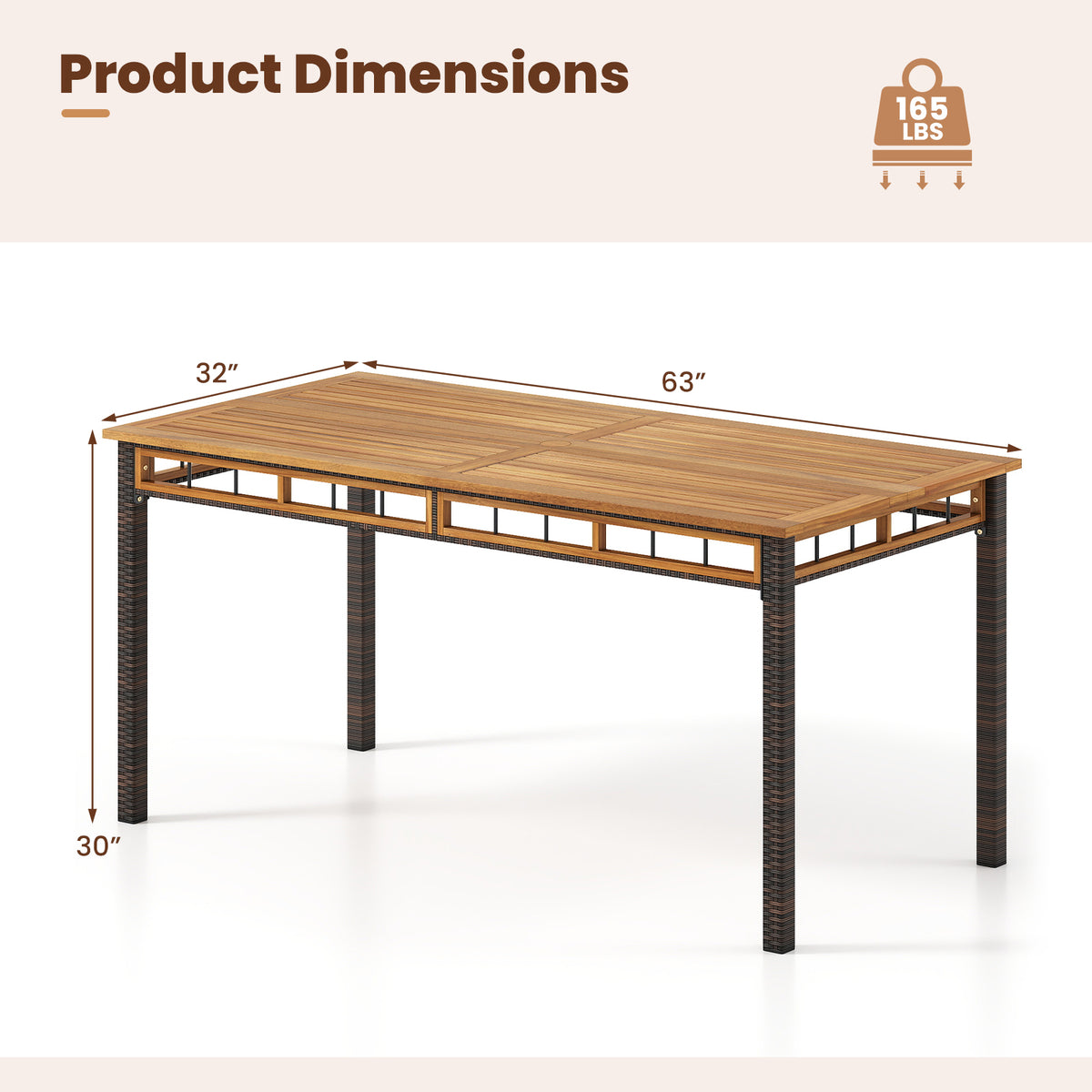 63" x 32" Outdoor Dining Table - Acacia Wood, PE Rattan